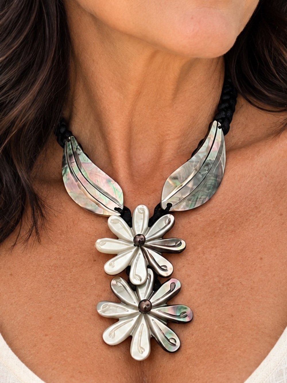 Mother of Pearl Floral Statement Necklace Black Braided Cord Boho